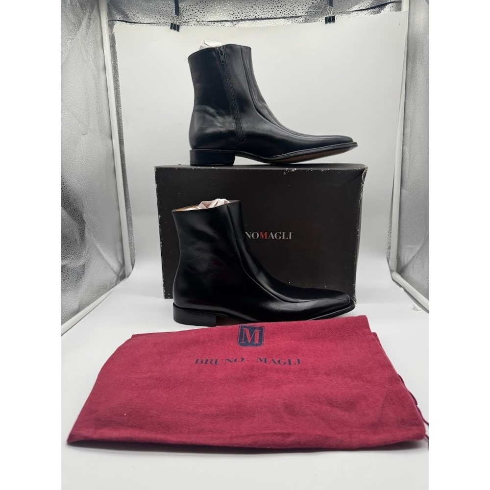 Bruno Magli Mens Black Leather Square Toe Side Zip Ankle Boots Italy